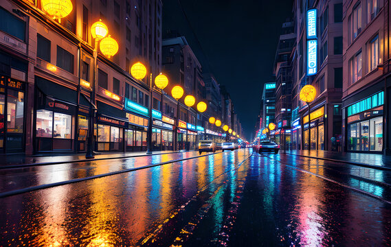 Night city, atmospheric neon lights, advertising signs, Generative AI