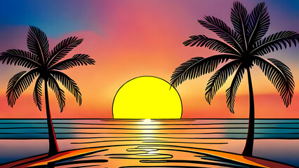 Sea beach with palms at sundown - Retro comics style seascape - 687708207