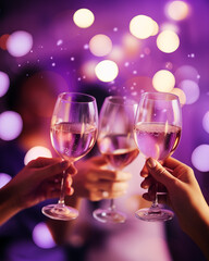 close-up of hands toasting with wine glasses against a vibrant purple bokeh background at a holiday celebration