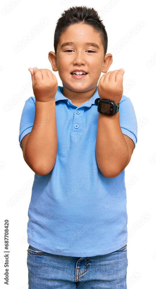 Sticker little boy hispanic kid wearing casual clothes doing money gesture with hands, asking for salary pay