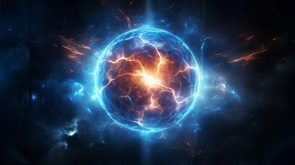 Fotobehang 3D rendering of a blue electric sphere plasma ball. ai generated. © 1st footage