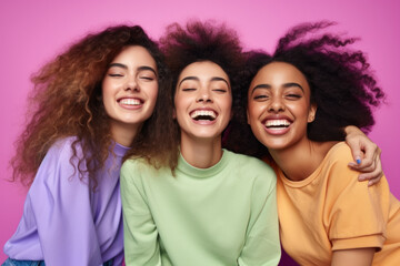 Three women are posing for a picture and laughing with their eyes closed