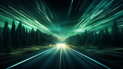 3D illustration of a night road with vibrant green light. ai generated.