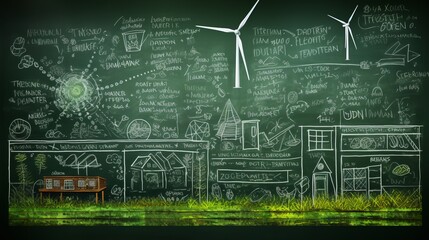 green teaching blackboard filled with power elements such as wind turbines, cooling towers, electric fences, photovoltaic panels, in chalk drawing, 16:9