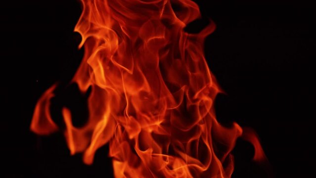 Burning fire on black background. Hot red flames moving in darkness. Close up.