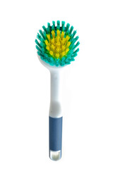 Dishwashing brush made of ecological plastic with rubber handle and colored bristles. Isolated on...