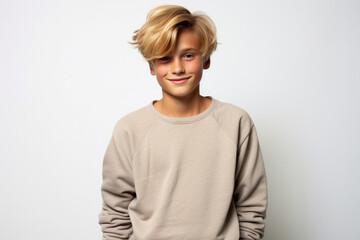 A young boy with blonde hair is wearing a tan sweatshirt