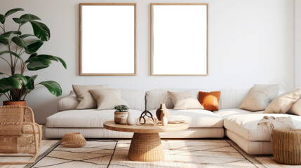 Frame and poster mockup in interior background, Scandi-Boho style, pastel colors
