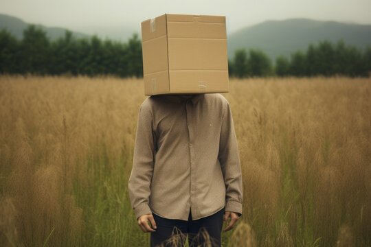 Conceptual image of a person with a cardboard box on their head in a wheat field, symbolizing anonymity and uniformity.