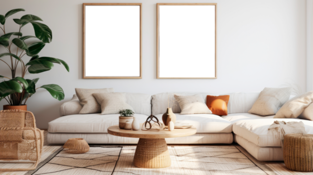Frame and poster mockup in interior background, Scandi-Boho style, pastel colors