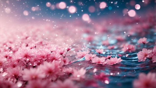 Fiori di ciliegio, sakura, galleggiano sull'acqua azzurra con sfondo sfocato con colore rosa