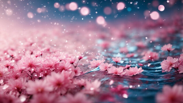 Fiori di ciliegio, sakura, galleggiano sull'acqua azzurra con sfondo sfocato con colore rosa
