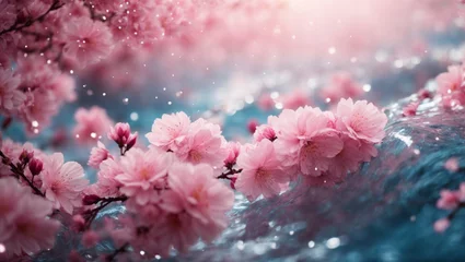 Foto op Plexiglas Fiori di ciliegio, sakura, galleggiano sull'acqua azzurra con sfondo sfocato con colore rosa © Wabisabi