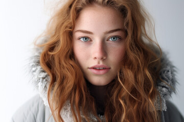 Fototapeta premium A woman with red hair and blue eyes is wearing a fur hooded jacket