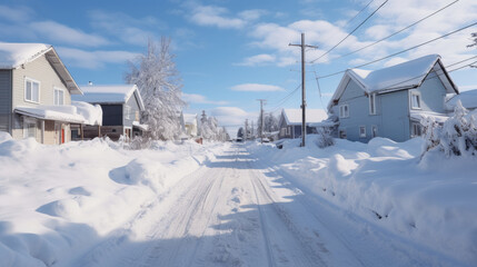 Winter fairy-tale landscape on the street with houses with a triangular roof and roads covered with a lot of snow