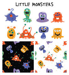 Fototapeta premium Seamless Little Monsters Vector Set Playful Patterns for Kids