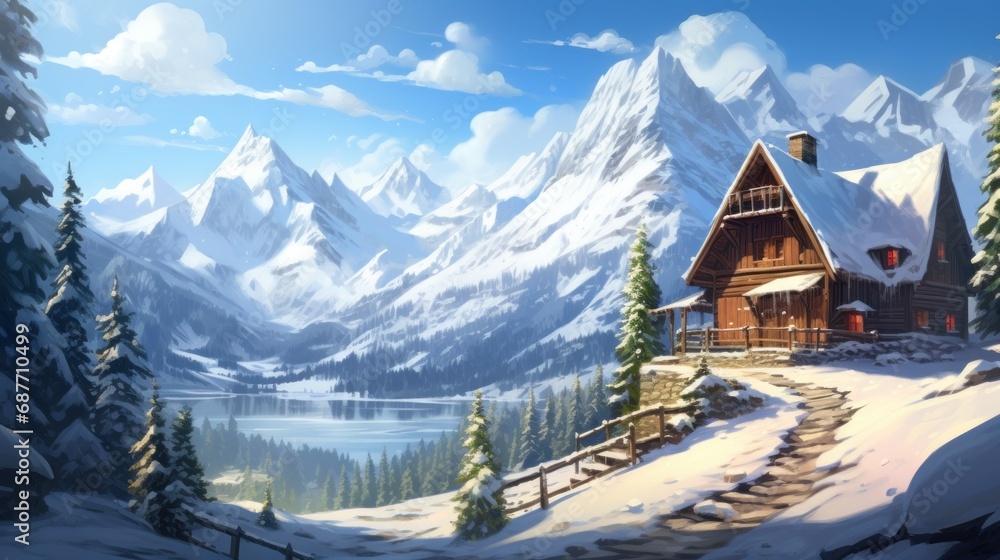 Poster a snow covered mountain with trees in the background and a snow covered mountain in the foreground w