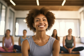A woman is smiling in front of a group of women sitting on yoga mats - obrazy, fototapety, plakaty