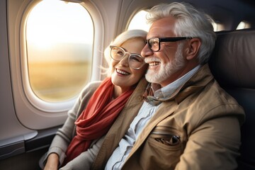 senior couple in airplane