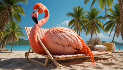 Cute cartoon funny flamingo, beach, palm trees