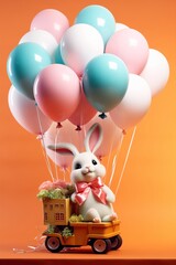 A cute smiling white bunny brings presents and ballons. Eastern spirit. Generative AI