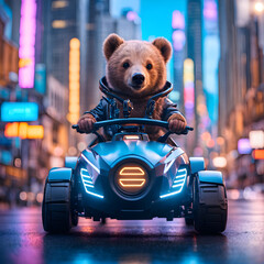 In a future city, a cute baby bear model wearing a cyberpunk outfit is driving a futuristic...