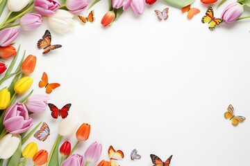 Flower border frame made of Daisy, tulip flowers and butterflies on white background. seamless background - obrazy, fototapety, plakaty