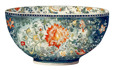 Watercolor illustration of a vintage bowl. Ai generated. Transparent background, png.