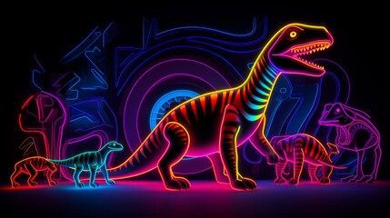 dinosaur shapes, neon outlines, dark colors, minimalist style, 16:9