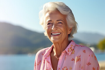 Fototapeta premium An elderly woman wearing a pink floral shirt is smiling