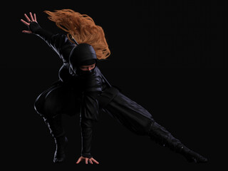 A red-haired female ninja poses for a landing on dark background. Traditional ninja style. 3D illustration. © pictosmith