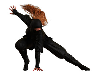 A red-haired female ninja poses for a landing on transparent background. Traditional ninja style. 3D illustration.