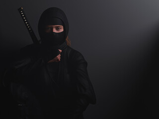 A red-haired female ninja staring ahead in dark. Traditional ninja style. Dramatic ligthing. 3D illustration.