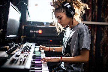 A woman wearing headphones is playing a piano - obrazy, fototapety, plakaty