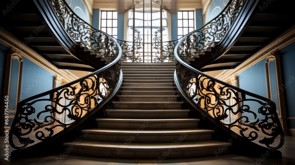 Poster a staircase leading up to the top of a building with a staircase case in front of it and a staircase