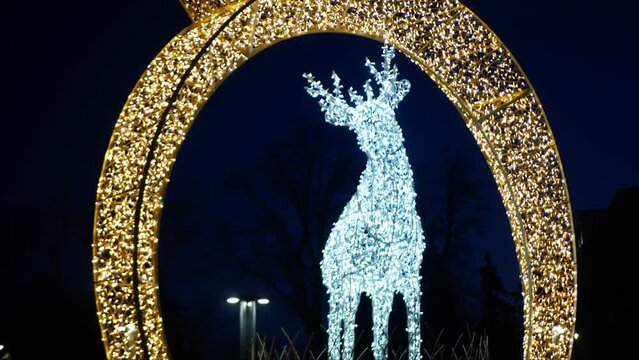 Christmas decoration made of garlands with a rotating deer in an arch. In the background of the frame you can see a Kharkov park at night.
