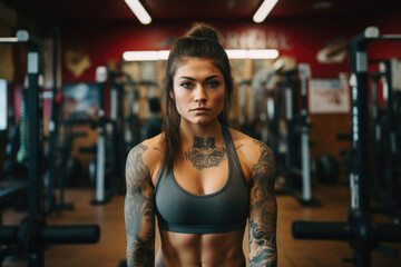 A woman with tattoos on her arms stands in a gym