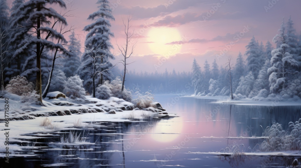 Poster a snow covered field with trees and a snow covered field
