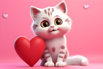 Cute cat holds red heart on the pink background