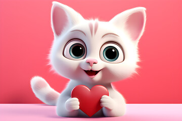 Obraz premium Cute cat holds red heart on the pink background
