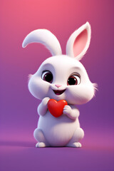 Obraz na płótnie Canvas Cute rabbit holds red heart on the purple background