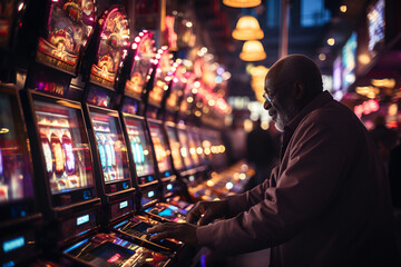 Slot Machine Thrills. Close-up of a person playing a slot machine in a casino - obrazy, fototapety, plakaty