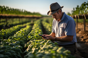 farmer using a smartphone app. smart farm concept - obrazy, fototapety, plakaty