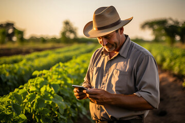 farmer using a smartphone app. smart farm concept - obrazy, fototapety, plakaty