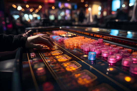 Slot Machine Thrills. Close-up of a person playing a slot machine in a casino