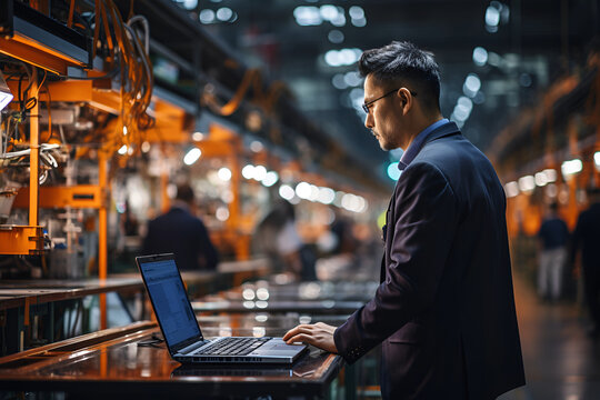 Architectural engineer use laptop checks and control automation robot arms machine in an intelligent factory Industry 4.0