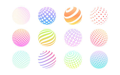 Abstract balls with geometric pattern. Simple flat circles with textured effect. Decorative round element collection with gradient. Vector icons