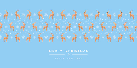 Merry Christmas and Happy New Year festive design with with gingerbread reindeer and snowflakes on blue background. Xmas decoration. Greeting card, poster, holiday cover. Vector illustration.