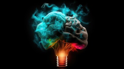 human brain colorful dust smoke fire light bulb flash, genius, short, long term memory, inspiration, Vivid Motley Neon 3D Rendering, Creative mind processing stimuli, brain neurons fire, deep learning