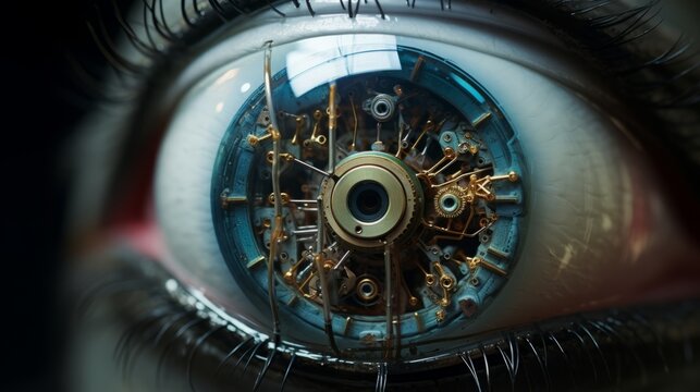 ultra realistic of a parascience optic eye implant, copy space, 16:9